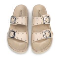 Damskie klapki ze skóry z metalowymi detalami beżowo - srebrne 100-D-550-9S
