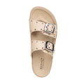 Damskie klapki ze skóry z metalowymi detalami beżowo - srebrne 100-D-550-9S