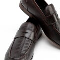 Męskie mokasyny ze skóry z plecionką w jodełkę ciemny brąz 100-M-507-4