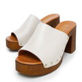 Damskie klapki skórzane na słupku z imitacji drewna kremowe 96-D-251-0