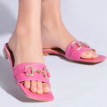Damskie klapki skórzane z połyskującą klamrą różowe 96-D-511-P