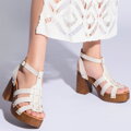 Damskie sandały skórzane z plecionką kremowe 96-D-252-0