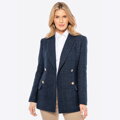 Damska marynarka z tkaniny boucle długa granatowa 100-9X-502-N