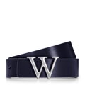 Skórzany pasek z literą „W” na klamrze granatowo - beżowy 99-8D-129-7