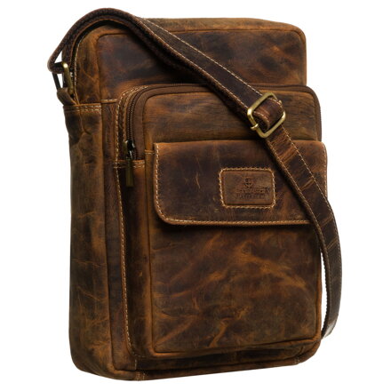 Listonoszka męska vintage ze skóry naturalnej w brązowym kolorze wyposażona w kieszonkę na telefon - Peterson