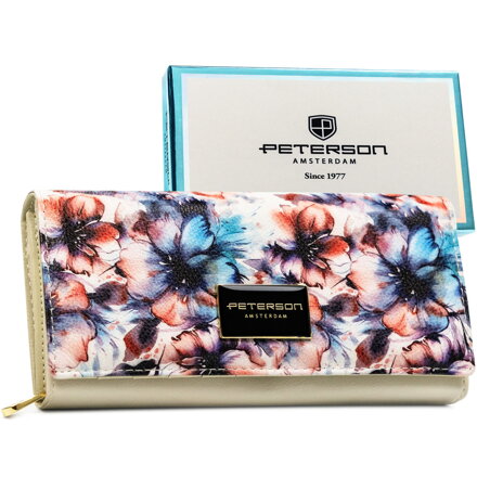 Veľká dámska kvetinová peňaženka z pravej a umelej kože, so zapínaním na patentku - Peterson