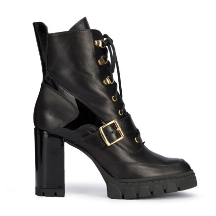 Botki skórzane z klamerką na słupku czarno-złote 95-D-801-1