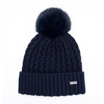 Czapka damska o splocie w drobny wzór granatowa 101-HF-105-N