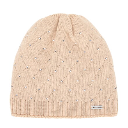 Czapka damska z ozdobnymi cyrkonami beżowa 101-HF-001-9