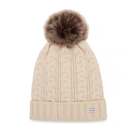 Czapka damska z warkoczowym splotem i pomponem jasnobeżowa 101-HF-016-0