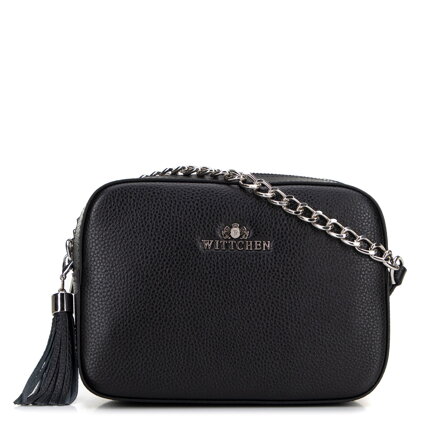 Dámska kožená kabelka box na retiazke, čierno-strieborná 29-4E-015-1S