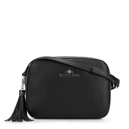 Dámska kožená kabelka cez rameno so strapcom, čierno-strieborná 29-4E-014-1S