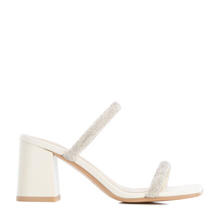 Damskie klapki skórzane z błyszczącymi paskami kremowe 96-D-960-0