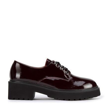 Damskie półbuty ze skóry lakierowanej sznurowane bordowe 95-D-521-3
