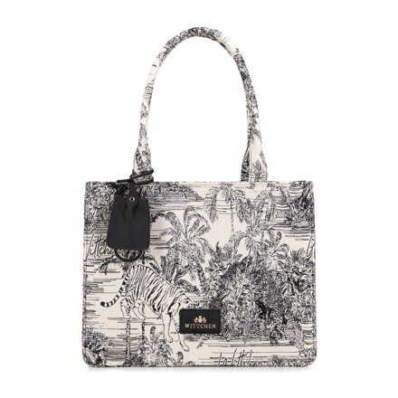 Dámska žakárová shopper kabelka so strapcom, čierna a krémová 99-4E-501-X2