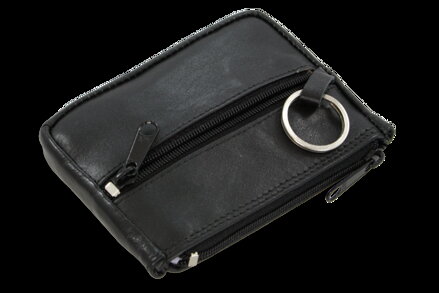 Čierna kožená kľúčenka s dvoma zipsovými a poklopovým vreckom 619-0373-60
