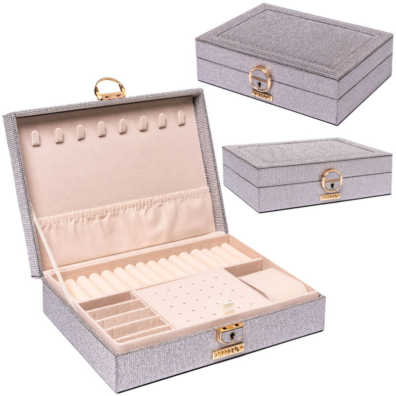 Srebrna szkatułka na biżuterię z dedykowanym miejscem na zegarek, zamykana kluczykiem i zatrzaskiem - Peterson