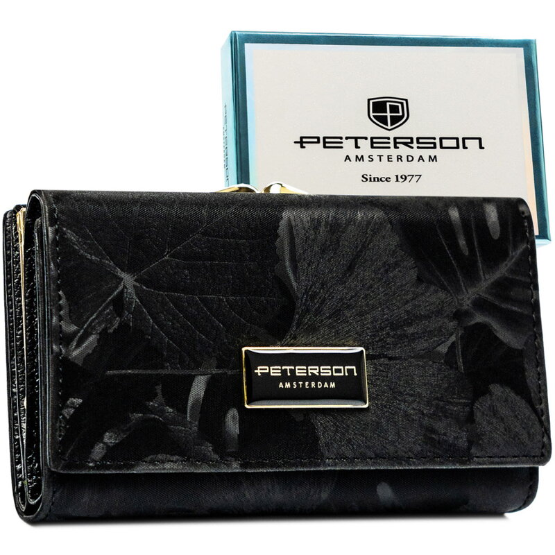 Poziomy, modny portfel damski ze skóry naturalnej i ekologicznej w czarnym kolorze - Peterson