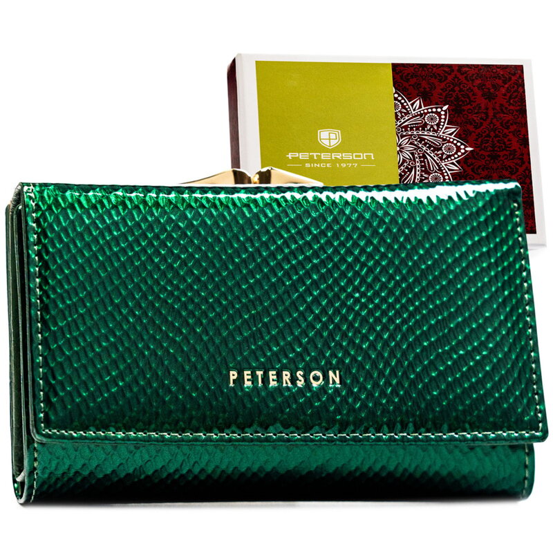 Stredne veľká dámska peňaženka na klip a patent z prírodnej kože v zelenej farbe – Peterson