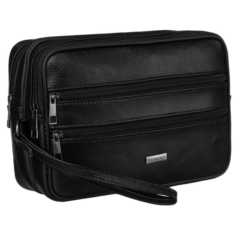 Skórzana saszetka męska w czarnym kolorze z kieszeniami zewnętrznymi - Rovicky