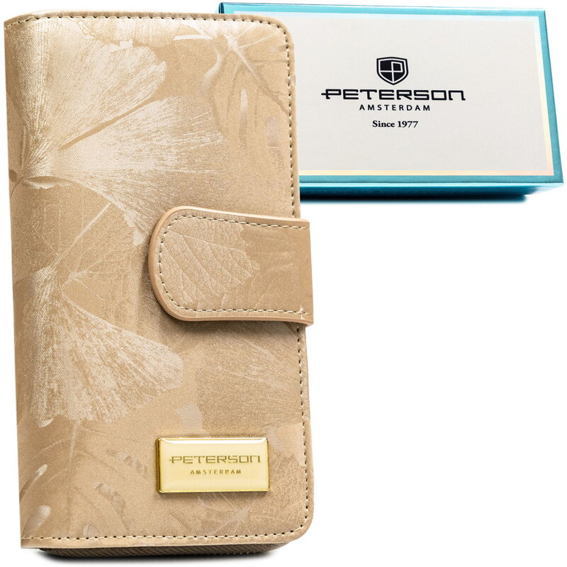 Beżowy portfel w orientacji pionowej wykonany ze skóry naturalnej i ekologicznej - Peterson