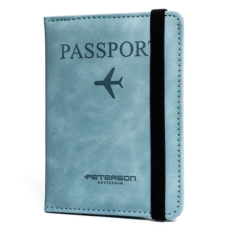 Błękitne etui na paszport wykonane ze skóry ekologicznej zamykane gumką - Peterson