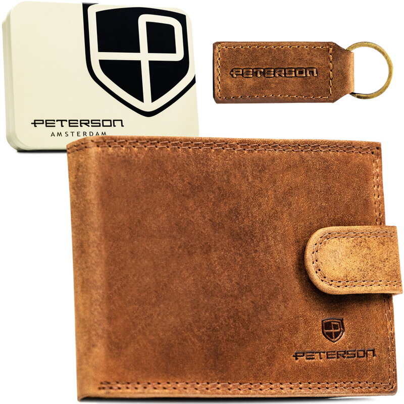 Zestaw prezentowy: brelok i mały, brązowy portfel męski ze skóry naturalnej z systemem RFID - Peterson