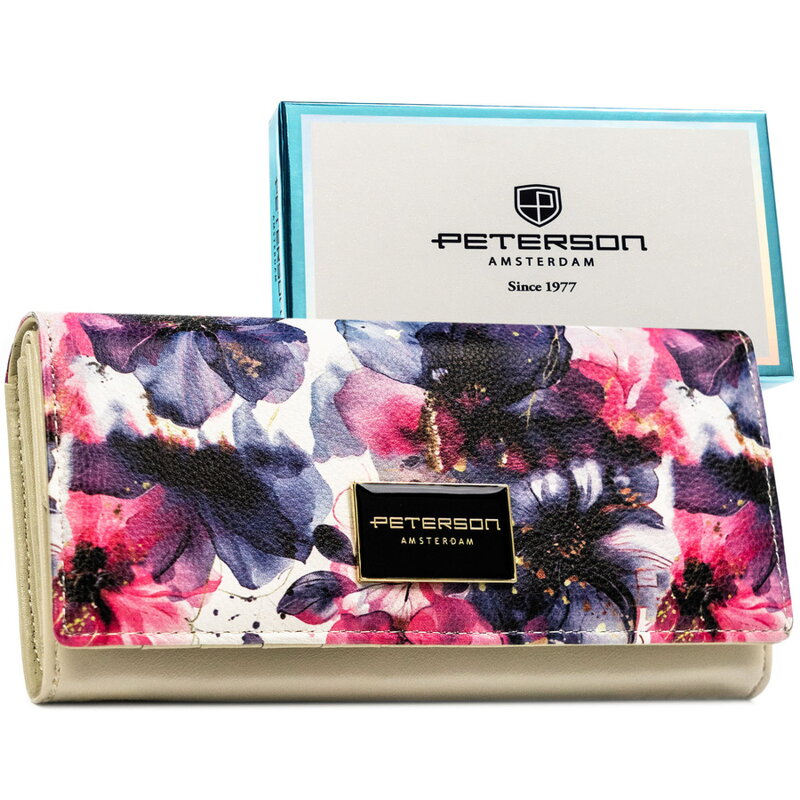 Elegantná dámska kvetinová peňaženka z pravej a eko kože so zapínaním na patentku - Peterson