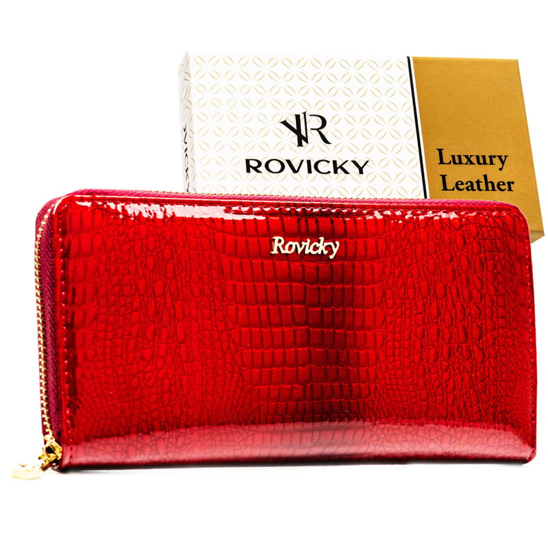 Lakierowany portfel w typie piórnika ze skóry naturalnej w czerwonym kolorze zamykany na suwak - Rovicky