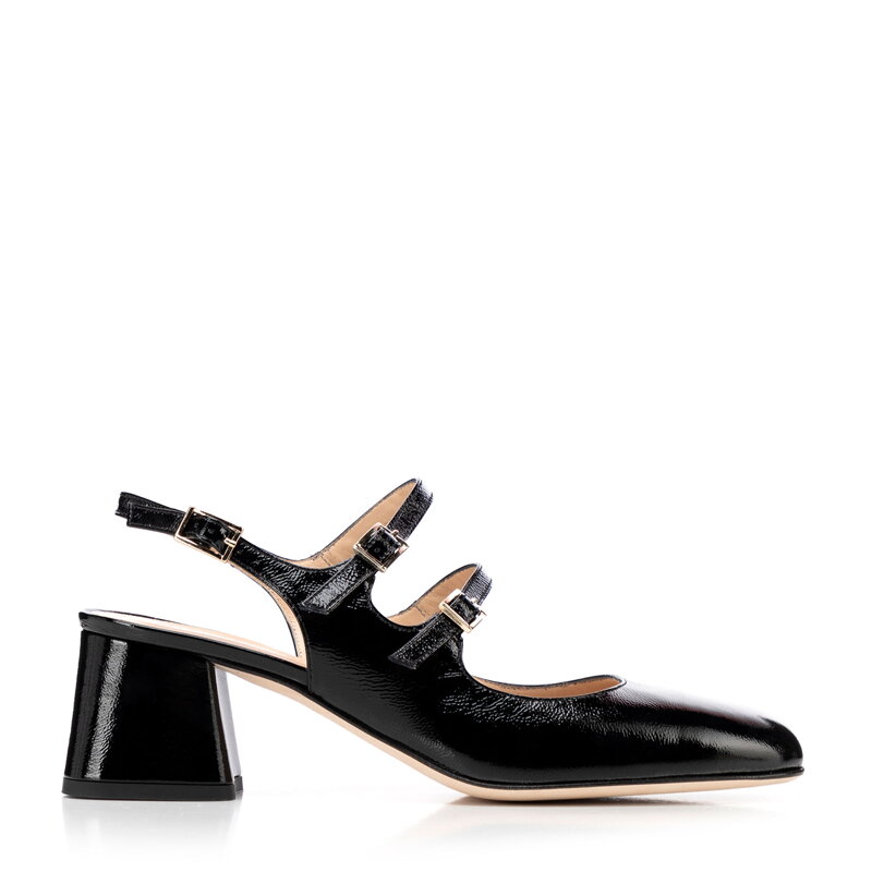 Damskie czółenka ze skóry z paskami czarne 100-D-106-1