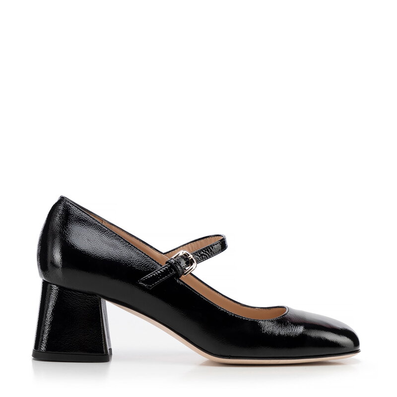 Damskie czółenka ze skóry z paskiem czarne 100-D-107-1