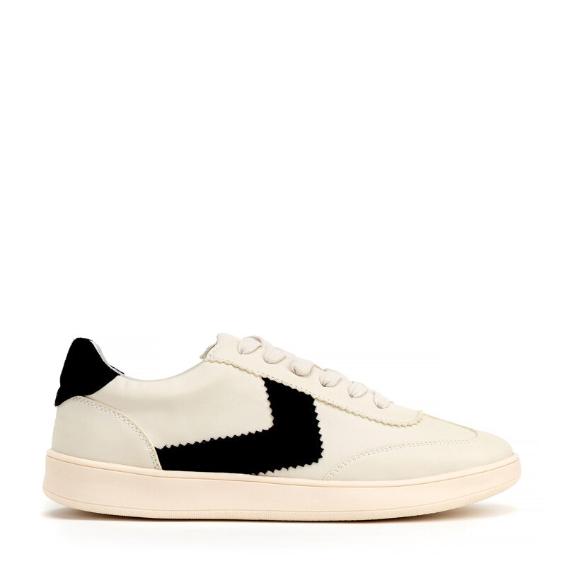 Zamszowe sneakersy z kontrastowymi wstawkami z ekoskóry beżowo - czarne 100-D-351-9