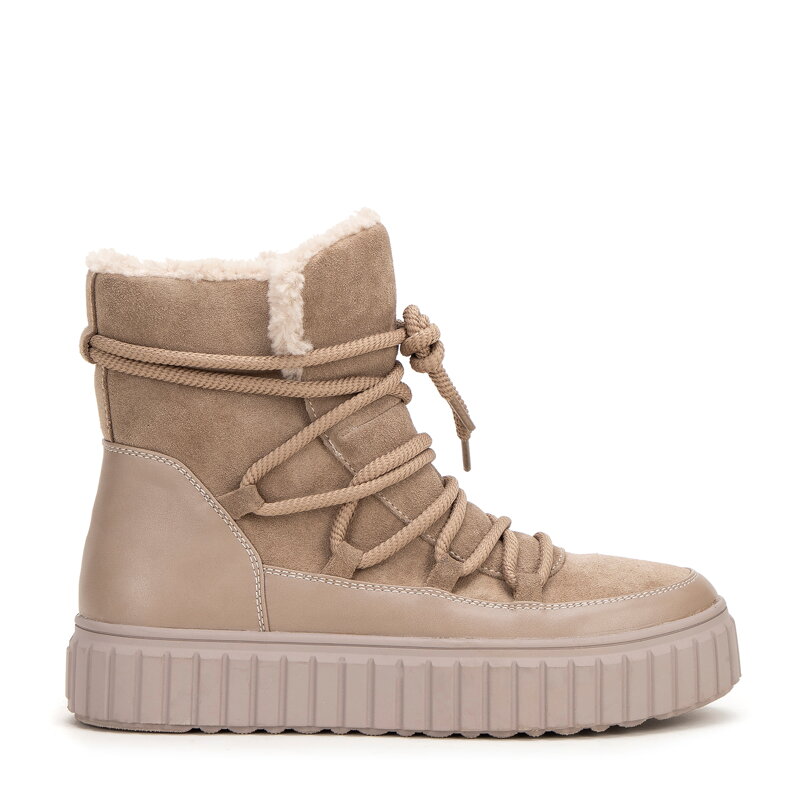 Damskie botki ze skóry zamszowej z futerkiem beżowe 99-D-402-4