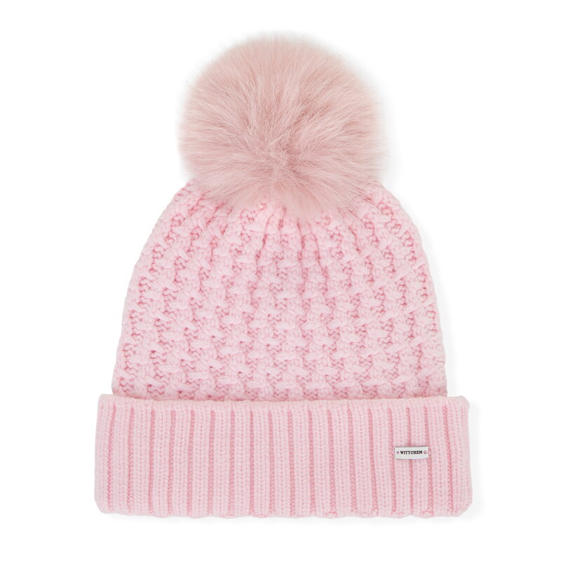 Czapka damska o splocie w drobny wzór jasnoróżowa 101-HF-105-P