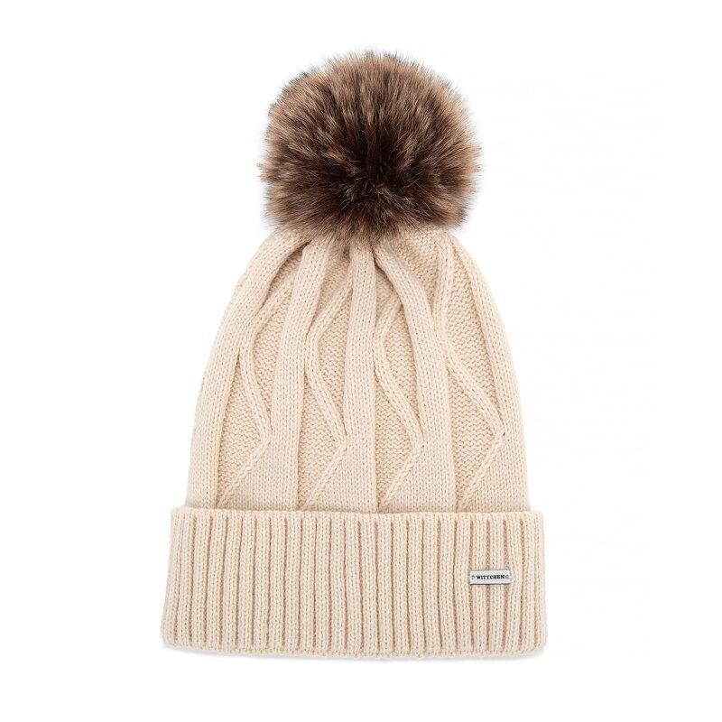 Czapka damska z kontrastującym pomponem kremowa 101-HF-005-9