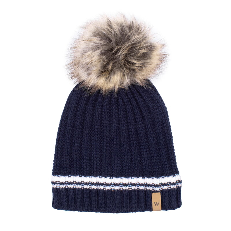 Damska czapka z wzorem w paski i pomponem granatowo-biała 97-HF-003-7