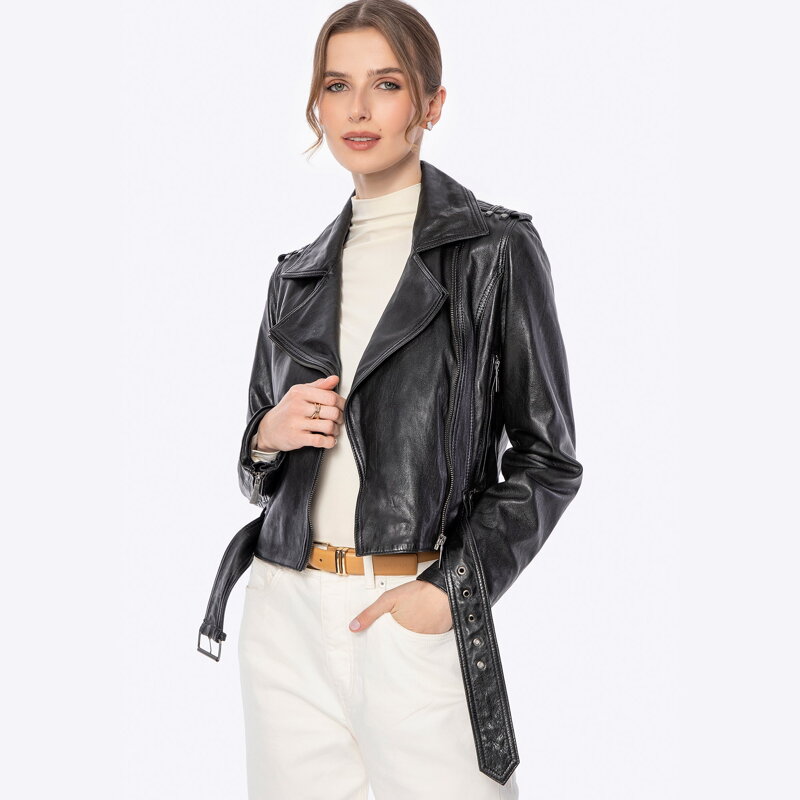 Damska kurtka biker ze skóry czarna 100-09-806-1
