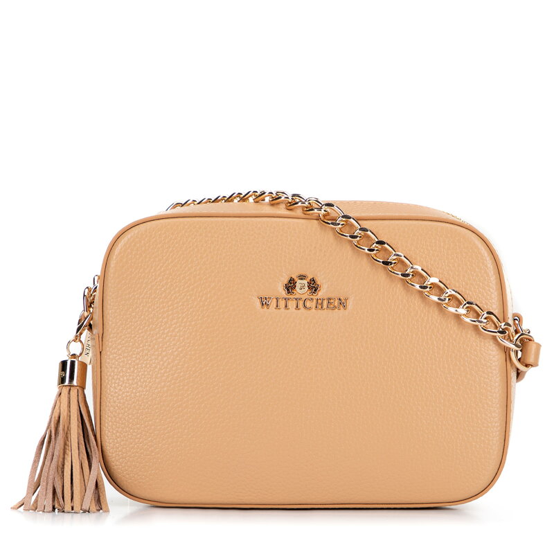 Dámska kožená kabelka cez rameno na retiazke, béžová 29-4E-015-9