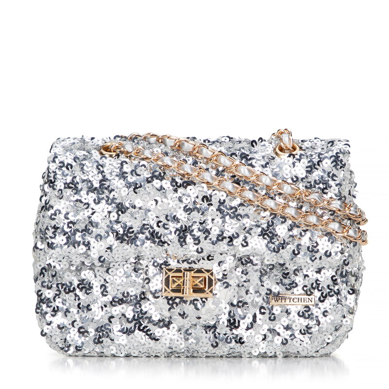 Damska listonoszka z cekinami i łańcuszkiem srebrna 99-4Y-223-S