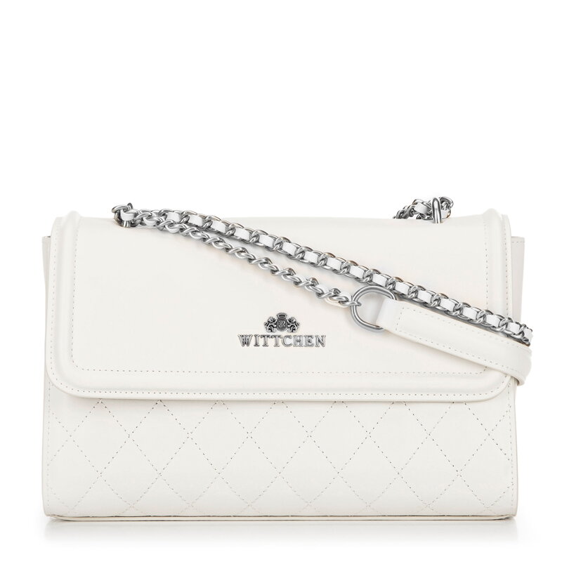 Dámska kabelka cez rameno z pravej kože s prešívaním, krémovo-strieborná 100-4E-205-0S