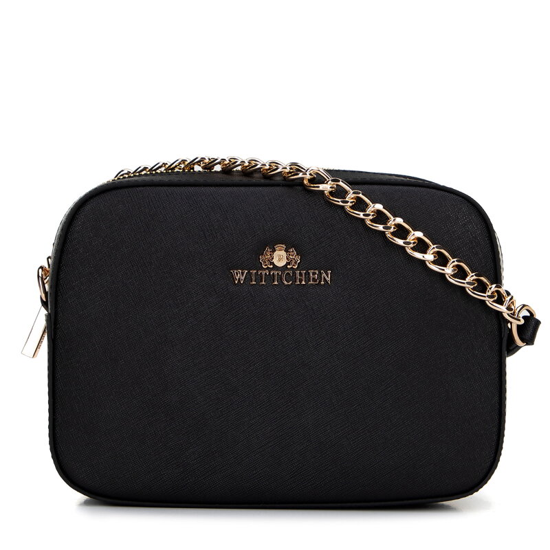 Dámska kožená kabelka cez rameno zo saffiano kože na retiazke, čierna a zlatá 29-4E-019-1G