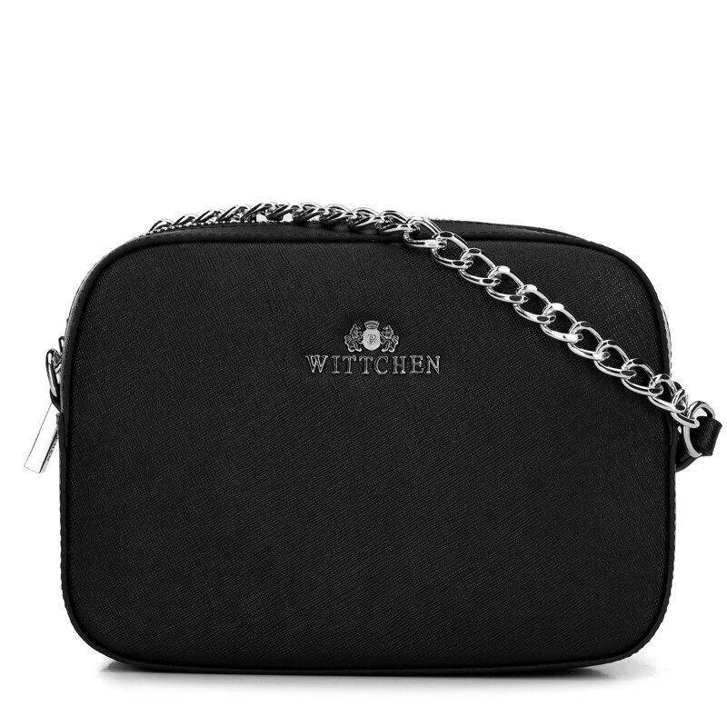 Dámska kožená kabelka cez rameno zo saffiano kože na retiazke, čierna a strieborná 29-4E-019-1S