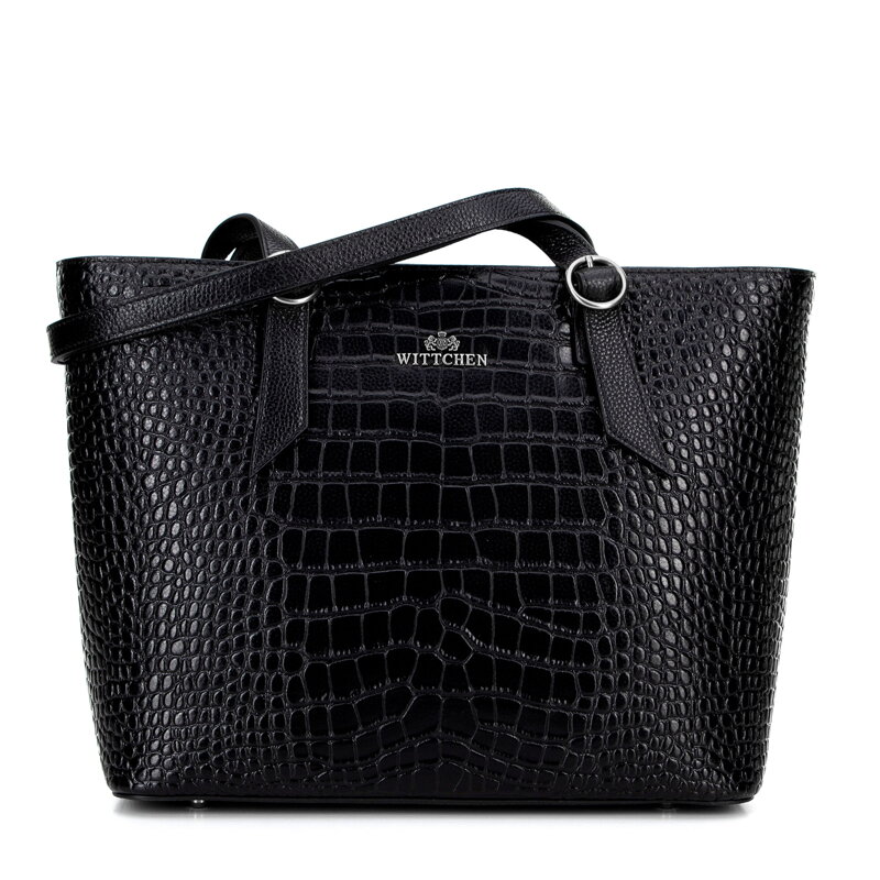 Dámska shopper kabelka z krokodílej kože, čierna so strieborným logom 100-4E-623-1S