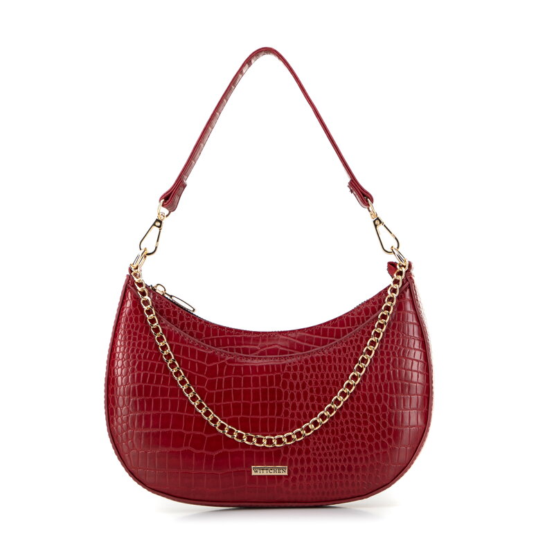 Dámska bagetová kabelka s retiazkou z krokodílej kože červená 29-4Y-605-3