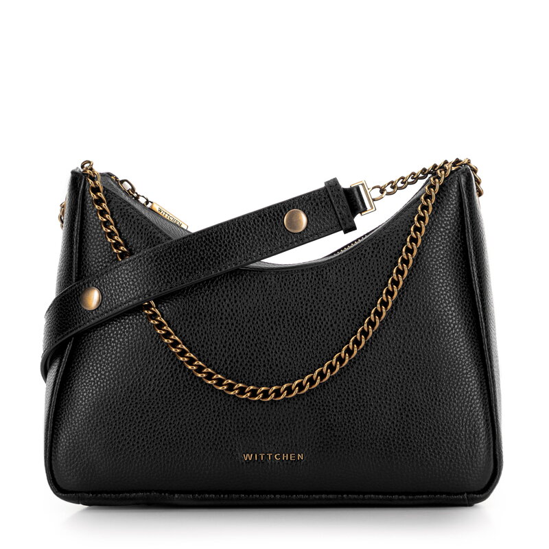 Dámska bagetová kabelka z kože, čierna a zlatá 100-4E-606-1G
