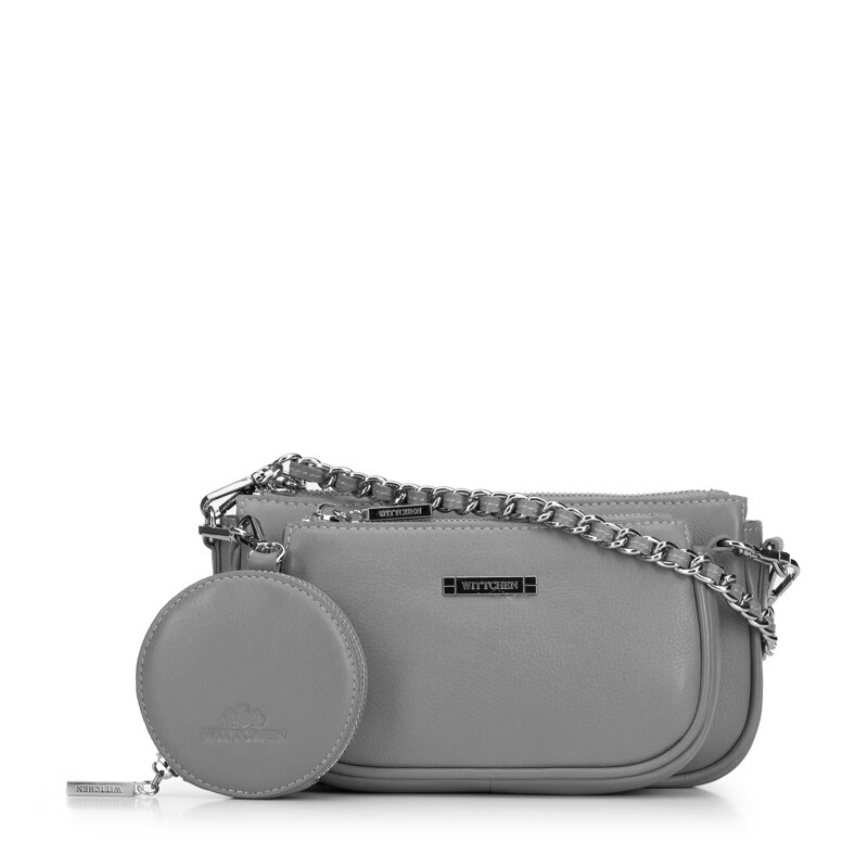 Dámska dvojitá kožená kabelka s puzdrom na retiazke sivá 29-4E-011-8