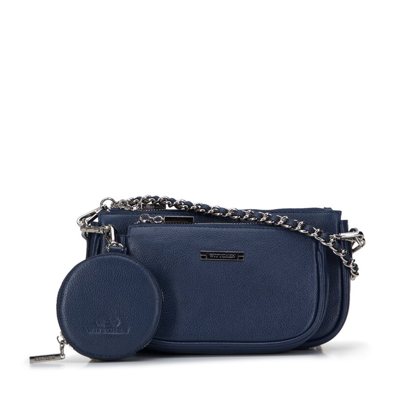 Dámska dvojitá kožená kabelka s puzdrom na retiazke, námornícka modrá 29-4E-011-N