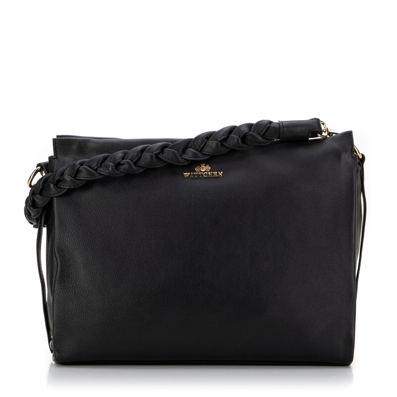 Dámska kožená kabelka s pletenou rúčkou čierna 99-4E-010-1