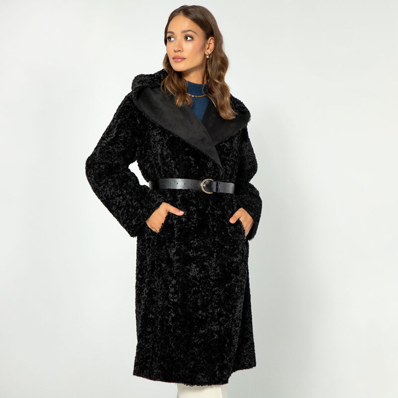 Damski płaszcz z kapturem dwurzędowy czarny 99-9W-002-1