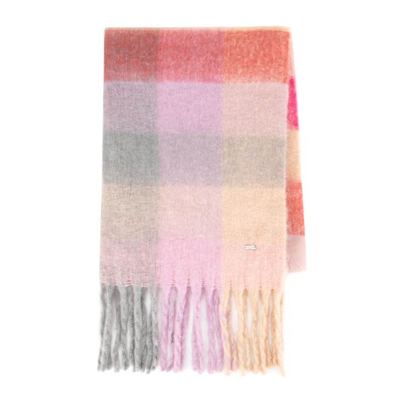 Damski szalik w wielokolorową kratkę różowo - beżowy 99-7-120-X4